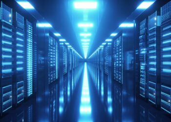 Data center with endless servers. Network and information servers behind glass panels