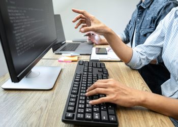 Two professional programmer cooperating and working on web site project in a software developing